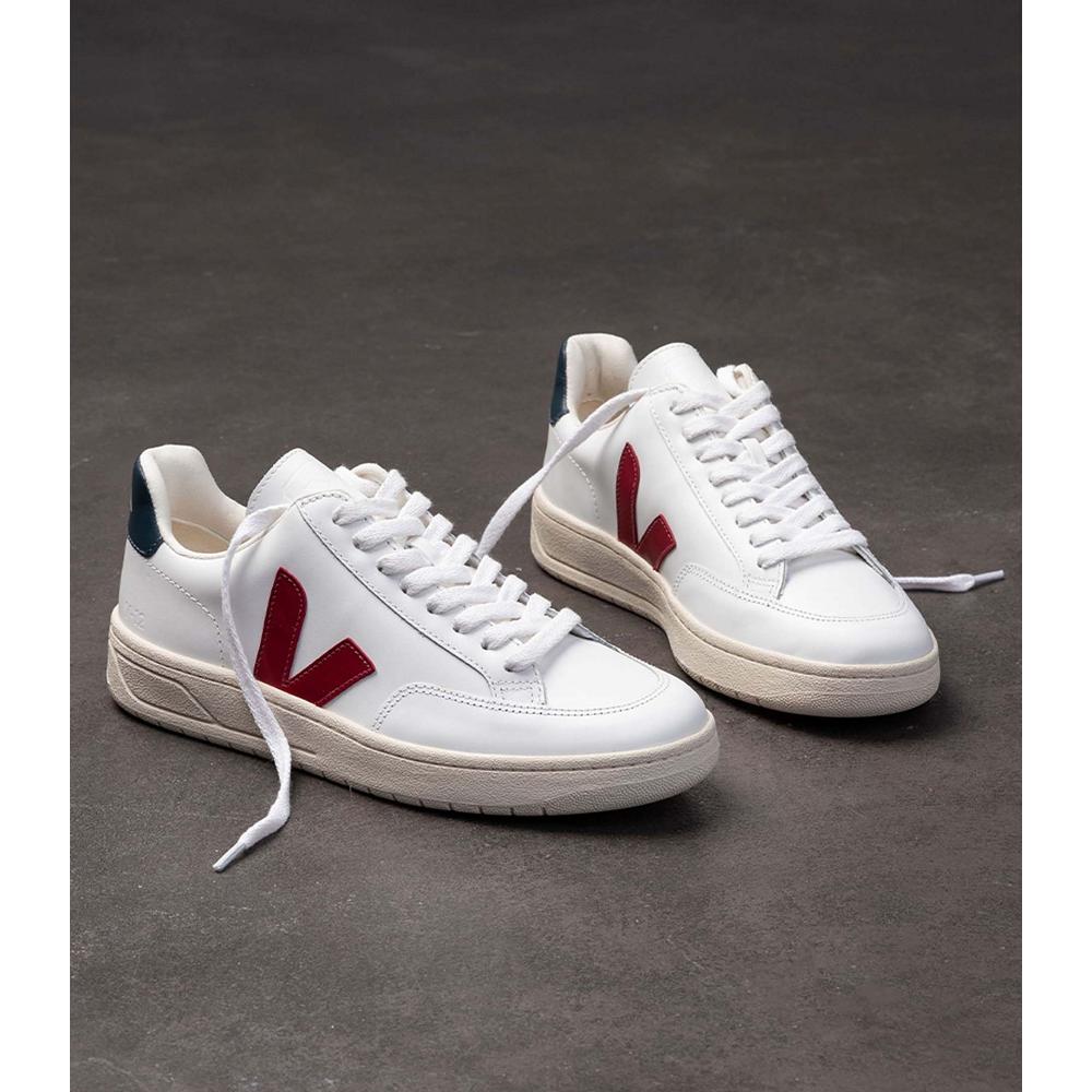 Women's Veja V-12 LEATHER Sneakers White/Red | SG 675FDN